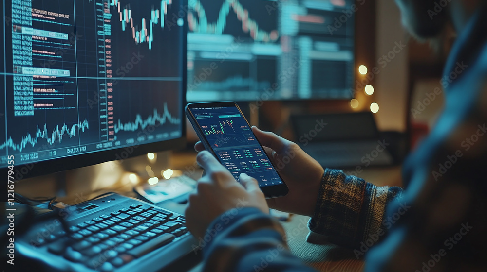 Aufkleber a trader analyzing financial data on a smartphone and multiple monitors, surrounded by charts and gr