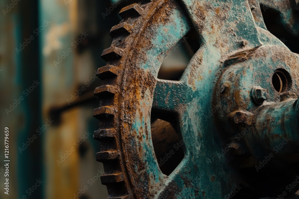 Aufkleber rusted gears in a moody industrial setting evoke a sense of nostalgia and history in a modern design