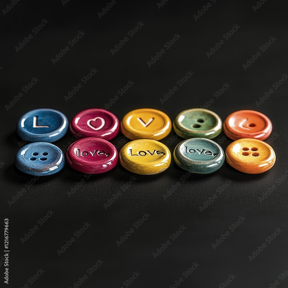 Poster a row of brightly colored buttons, each inscribed with the word 