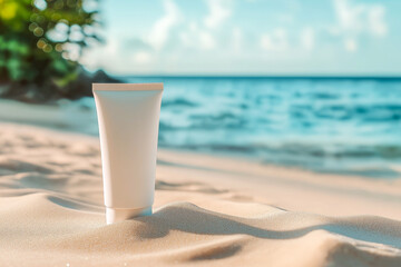 A tube of cream on the sand of a beautiful beach. Promotional photo of a cosmetic product.