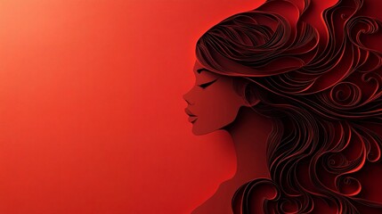 a red illustration of a woman's profile with long hair.