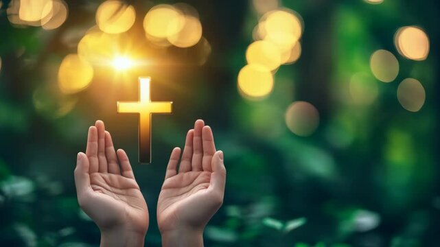 Hands in prayer with a cross. Christian religious background