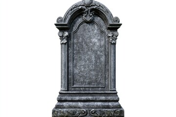 Obraz premium Cemetery stone headstone with weathered appearance, intricate design elements.