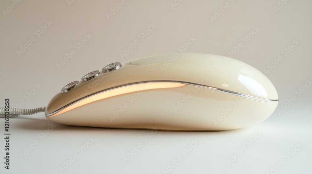 Poster cream-colored wired computer mouse with illuminated curve, side view.
