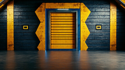 Futuristic interior with yellow and blue walls, featuring door and panels. design evokes modern, industrial aesthetic, perfect for sci fi themes