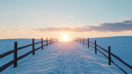 Obraz premium serene winter landscape with snow covered path leading to sunset