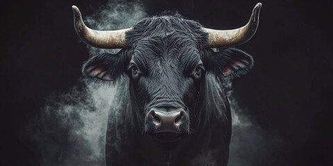 Majestic Black Bull on Smokey Background Symbolizing Power and Strength