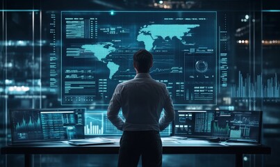 businessman investment consultant analyzing company financial report balance sheet statement working with digital graphs. Concept picture for stock market, office, tax. 3D illustration., Generative AI
