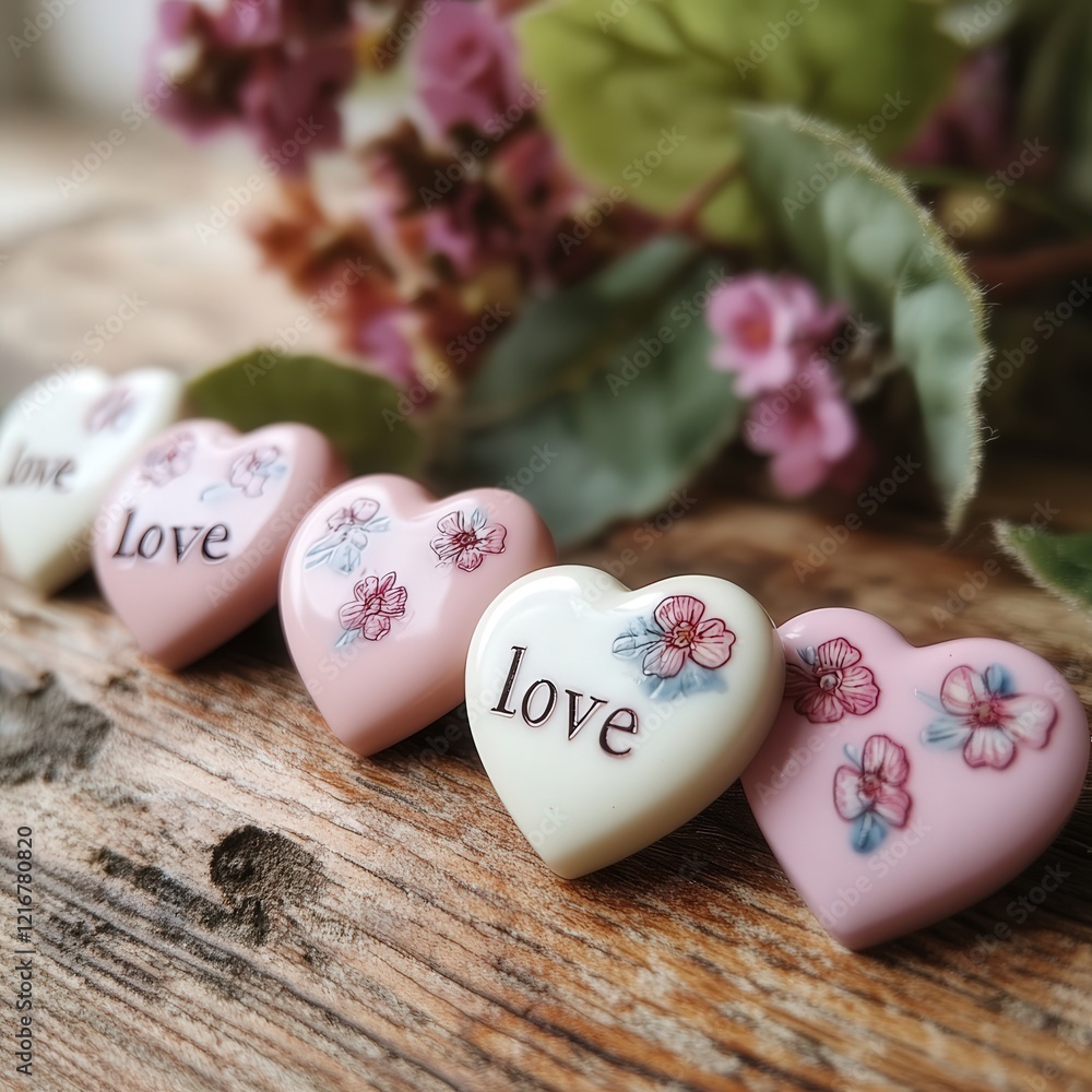 Poster a row of heart-shaped buttons with the word 
