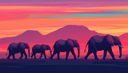 serene sunset scene featuring family of elephants walking across landscape. vibrant colors create peaceful atmosphere
