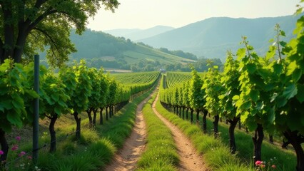 Serene Vineyard Path Winding Through Lush Green Vines Towards Distant Hills Under a Sunny Sky