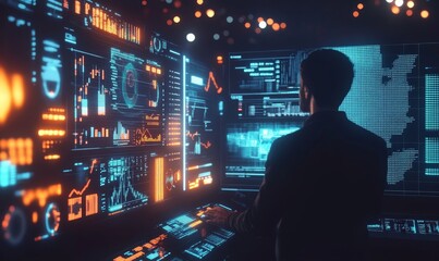 businessman investment consultant analyzing company financial report balance sheet statement working with digital graphs. Concept picture for stock market, office, tax. 3D illustration., Generative AI