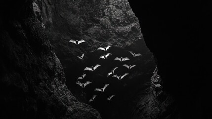 A colony of bats in flight within a dark cave.