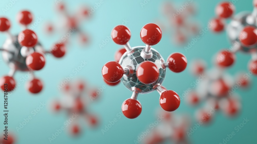 Poster material science nano concept. 3d molecular structure with red and silver atoms on a blue background