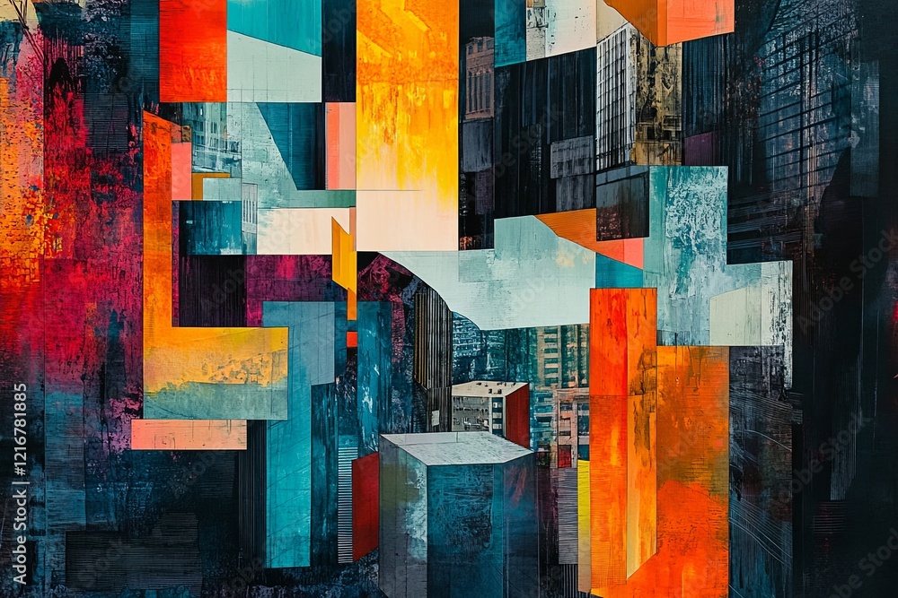 Poster abstract urban landscape featuring geometric shapes and vibrant colors creating visual depth and ene