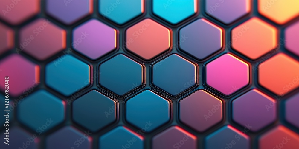 Poster material science nano concept. colorful hexagonal patterns create a vibrant, modern texture, combini