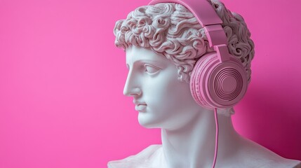 Classical statue wearing pink headphones against a vibrant pink background