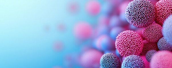 material science nano concept. Colorful abstract representation of microscopic spheres set against a soft blue background, evoking themes of biology and technology.