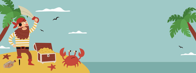 Pirate kids banner,template for party,invitation, flyer.Treasure Island,pirate ship.Vector flat cartoon illustration