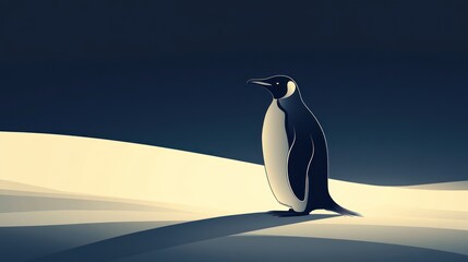 Solitary penguin on snowy landscape at dusk.