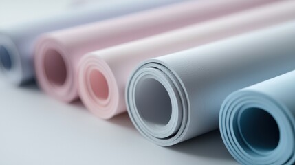Fototapeta premium Four rolls of fabric in different colors - pink, light blue, and light pink.