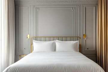 Elegant bedroom with gold bed frame and grey wall paneling