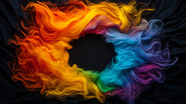 Vibrant rainbow hair arranged in circular pattern on dark background, creating striking visual effect. colorful strands evoke sense of creativity and energy - Powered by Adobe