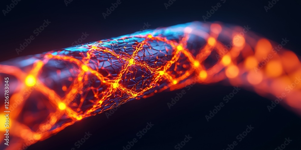 Poster material science nano concept. a close-up view of a glowing, textured surface resembling a cable wit