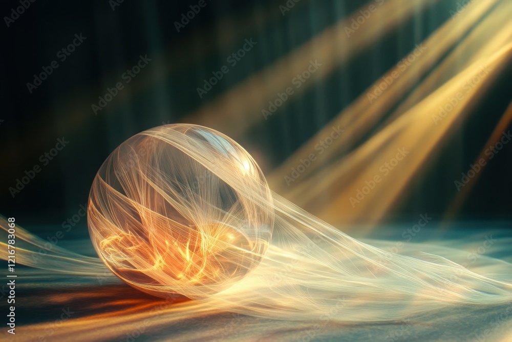 Poster light trails surrounding a glass sphere create an ethereal atmosphere in a dark space