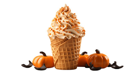 Pumpkin spice soft serve ice cream cone with autumn decor, a festive Halloween dessert in a fall food setting, transparent background.