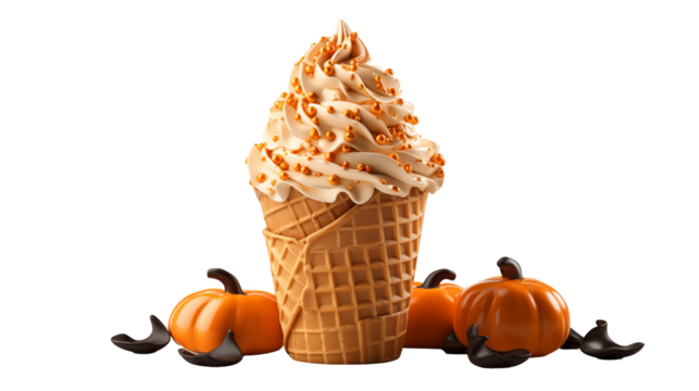 Pumpkin spice soft serve ice cream cone with autumn decor, a festive Halloween dessert in a fall food setting, transparent background.