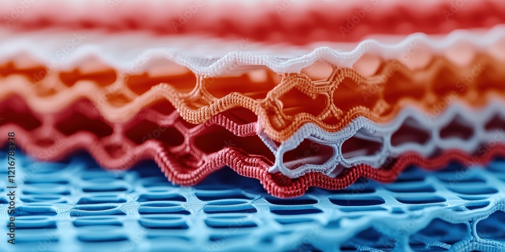 Poster material science nano concept. textured layers of colorful mesh fabric in vibrant hues of red and bl