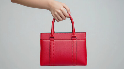 Female hand holding a fashionable red leather handbag, showcasing elegance and style against a neutral backdrop