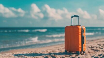 An orange suitcase rests on the sandy beach, with waves and clouds in the background.