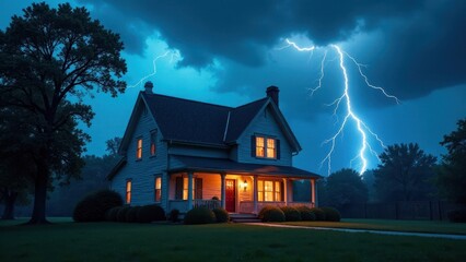 A serene suburban home illuminated warmly against a dramatic backdrop of a vibrant lightning storm