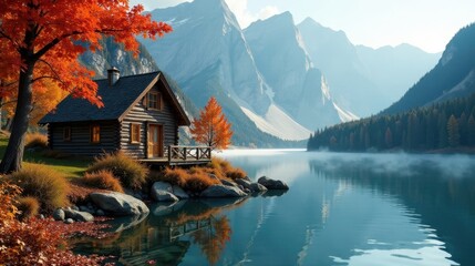 Fototapeta premium Serene Autumnal Lakeside Cabin Retreat Nestled Amongst Majestic Mountains and Vibrant Fall Foliage