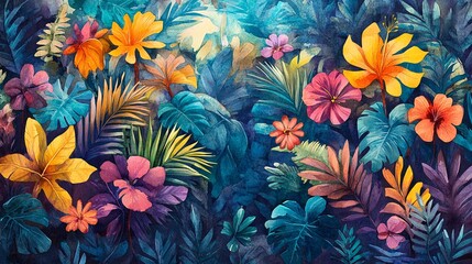 Fototapeta premium a vibrant and colorful tropical floral pattern featuring a variety of leaves and flowers.