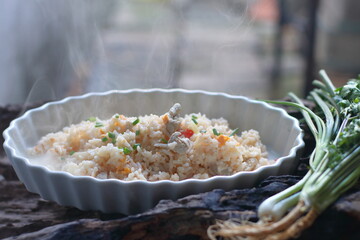 Hot Fried rice with pork and egg in a white plate on a wooden background