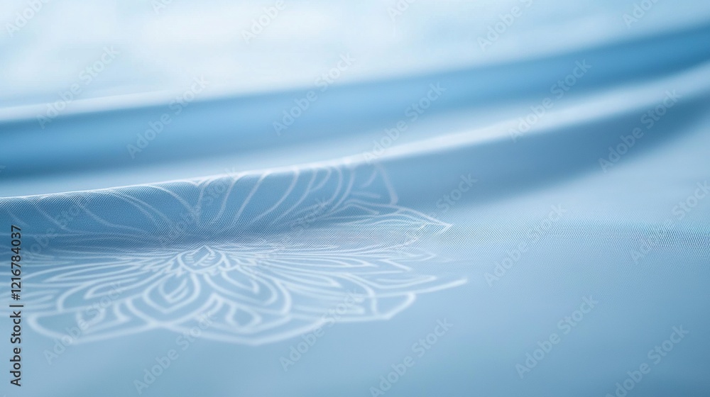 Poster close-up of a light blue fabric with a white mandala design on it. the mandala is in the center of t