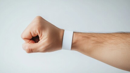 Fototapeta premium A close-up of a patient’s wrist with a medical wristband, against a clean white background, Minimalist style