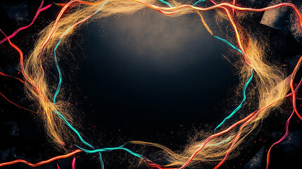 Psychedelic glowing fire trails create vibrant circular frame against dark background, evoking sense of energy and movement