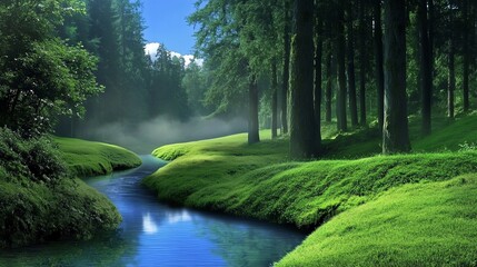 Fototapeta premium A serene landscape featuring a winding river surrounded by lush green grass and tall trees under a clear blue sky.