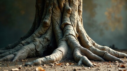 Ancient Tree Base, Showing Intricate Root System and Textured Bark, Ground Level Perspective