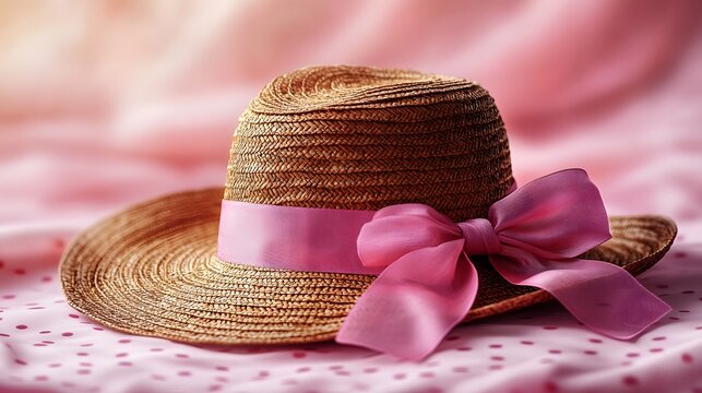 An Enchanting Retro Styled Straw Hat with a Vibrant Pink Ribbon Isolated on a Charming Dotted Background Displaying Vintage Appeal