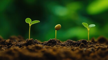 Fototapeta premium Small seedlings sprouting from the soil, closeup