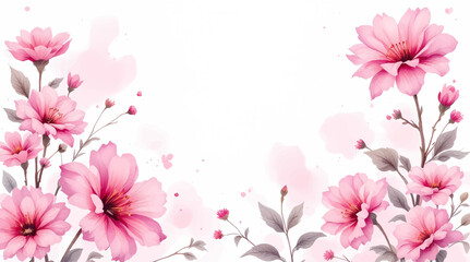 A white background with pink flowers in the foreground