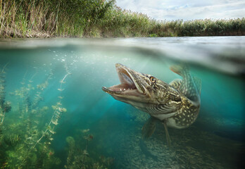 Fishing. Close-up shut of a fish hook under water. Underwater background.