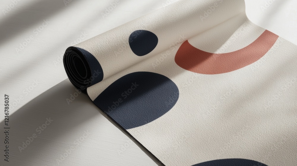 Poster roll of fabric with a geometric design. the fabric is rolled up and placed on a white surface. the d