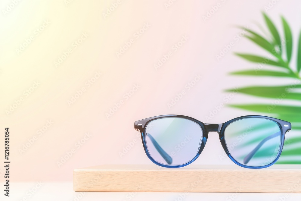 Poster smart glasses elegantly displayed on a minimalist shelf surrounded by soft colors and natural elemen