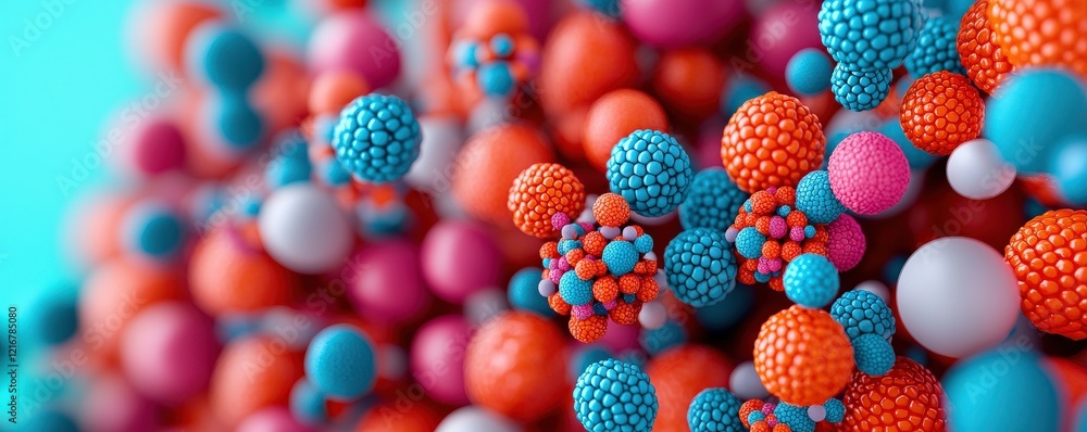Poster material science nano concept. colorful abstract representation of molecules or particles on a blue 